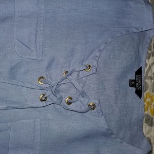 ELLEN TRACY BLUE LINEN BLOUSE SIZE XL